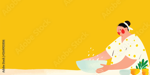 An illustration of a woman preparing food in a serene kitchen setting, The composition evokes warmth and domesticity.
