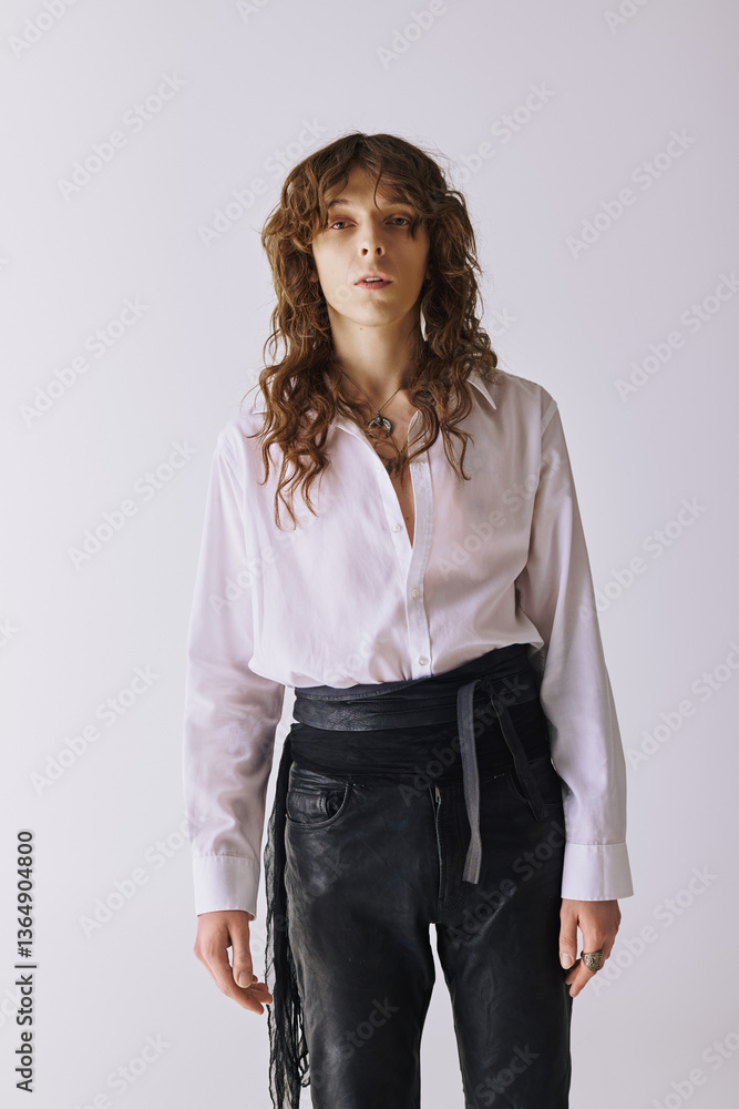Stylish man in elegant attire poses against a minimalist backdrop, showcasing modern fashion Stylish man in elegant attire poses against a minimalist backdrop, showcasing modern fashion