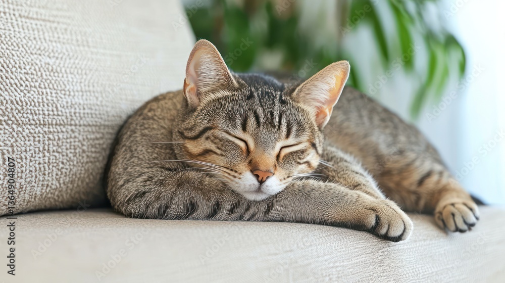 Peaceful Tabby Cat Napping on a Cozy Sofa Peaceful Tabby Cat Napping on a Cozy Sofa