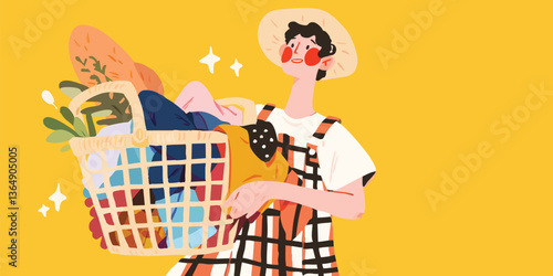 A delightful illustration of a person, dressed in a straw hat and carrying a wicker basket filled with various items, exudes joy and excitement against a plain backdrop. 
