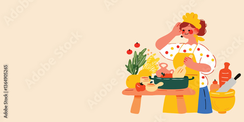 A cheerful cook prepares a delicious meal, surrounded by fresh ingredients in a colorful and inviting kitchen scene.