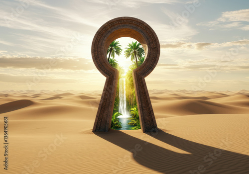 A desert keyhole reveals a hidden tropical waterfall oasis, inviting exploration.