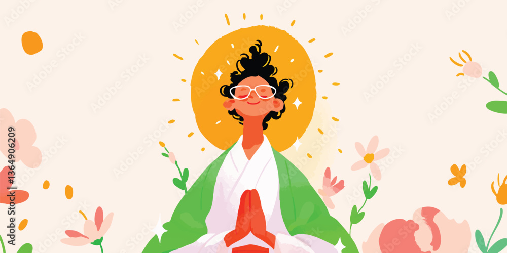 Obraz premium Serene Portrait of a Woman in Meditation: Discover inner peace through a serene illustration depicting a woman in a moment of tranquil meditation, radiating an aura of calm.