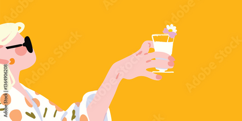 A stylish figure raises a refreshing cocktail in a moment of leisure, with a sun-drenched backdrop that amplifies the essence of a relaxed atmosphere.