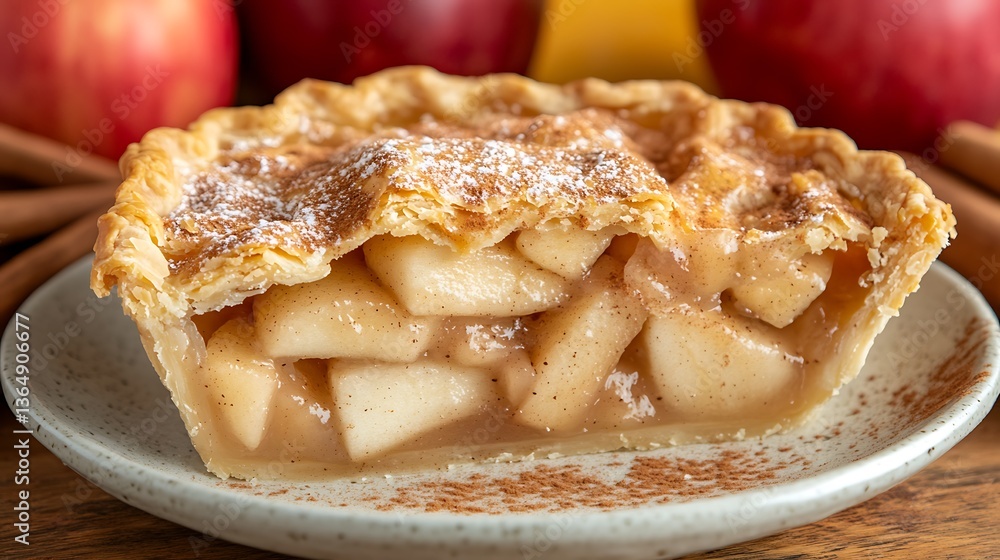 A delicious slice of apple pie is displayed on a plate A delicious slice of apple pie is displayed on a plate