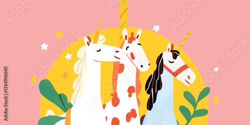 A whimsical illustration showcases a trio of unicorns, their vibrant colors and charming design bring a sense of joy and imagination.