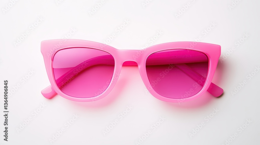 A pair of retro-style pink sunglasses rests flat on a white surface, showcasing their distinct shape and color. The reflective lenses add a playful touch to the overall aesthetic A pair of retro-style pink sunglasses rests flat on a white surface, showcasing their distinct shape and color. The reflective lenses add a playful touch to the overall aesthetic