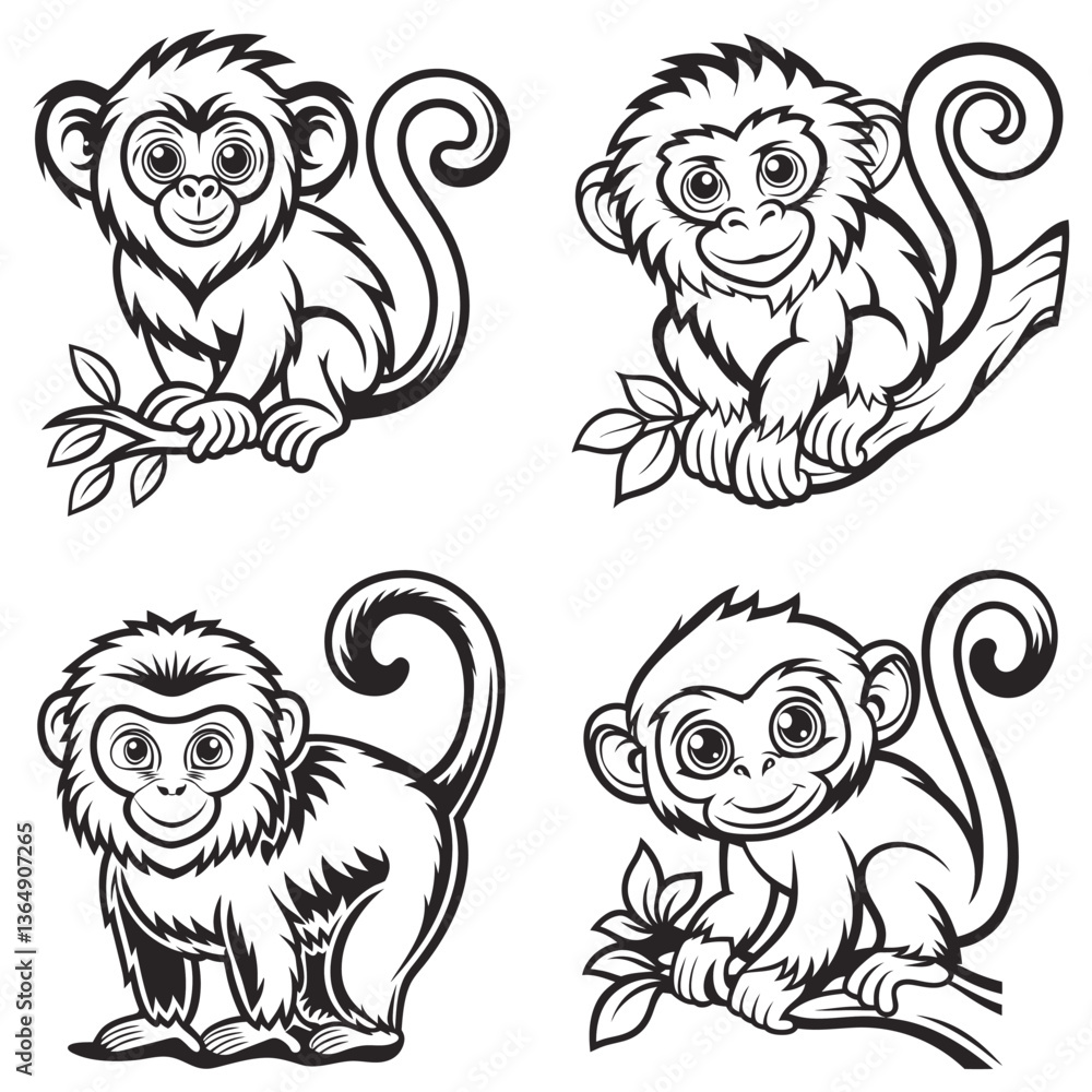 Obraz premium 4 set cute line art Monkey vector