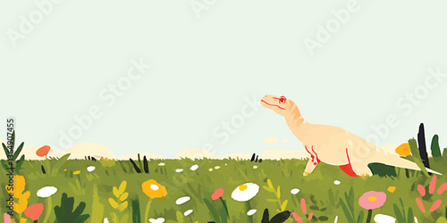 An imaginative illustration depicts a whimsical dinosaur frolicking amidst a vibrant field of colorful wildflowers. The scene, filled with pastel hues.