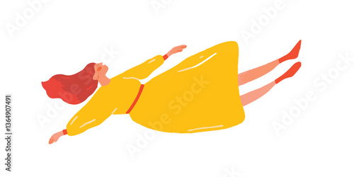 A stylized illustration shows a woman in a flowing yellow dress floating or possibly flying, her arms outstretched with a look of freedom. Perfect for themes of freedom, dreams, and imagination.