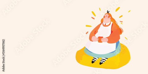 A charming illustration of a woman seated on a cushion in a relaxed posture. She seems to be enjoying a moment of quiet reflection. The artwork is done in a graphic style.