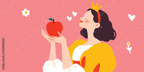 An illustrated portrayal of a fair maiden, holding a vibrant red apple. Embellished with floral and heart elements, set against a backdrop, This image tells a story of fairy tales.