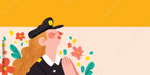 A stylized illustration depicting a female police officer.She's adorned with a cap and uniform and looks up at the floral display, conveying themes of community.