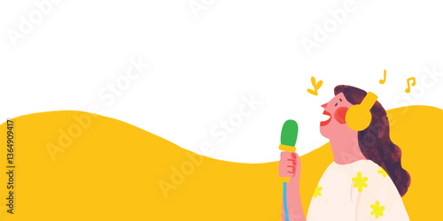 An illustration of a vibrant young woman absorbed in her song, microphone in hand, and wearing headphones. The scene exudes musicality, with melody notes floating nearby. 