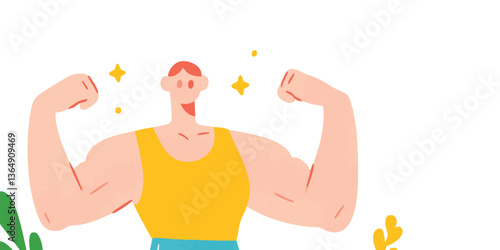 An illustration of a strong man, embodying the essence of strength, confidence, and health, flexing his muscles to display a peak physical form.