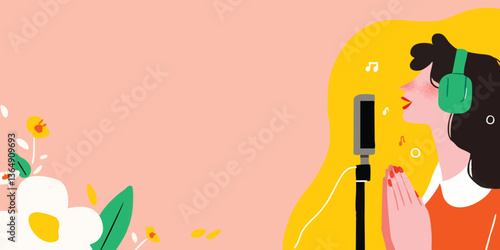 A vibrant illustration capturing a woman singing into a microphone with passion, she's depicted immersed in her performance with headphones, evoking the atmosphere of a recording session.