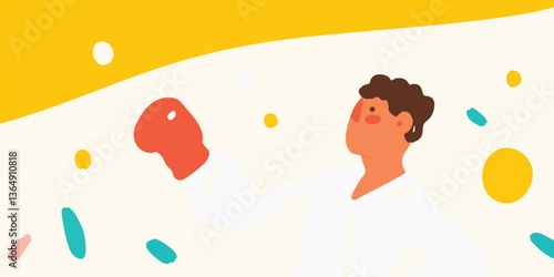 Vibrant cartoon style graphic illustrating a boxing scenario. A determined character is up against a floating glove.