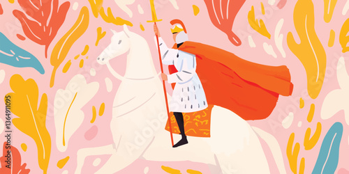 A regal knight astride a majestic white horse, traversing through a whimsical tapestry of blossoms, a harmonious fusion of valor and nature.