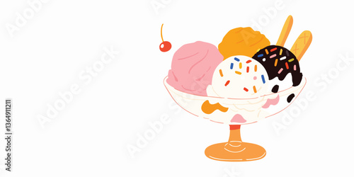 A vibrant illustration of a decadent ice cream sundae, bursting with a colorful assortment of scoops, toppings, and a cherry.