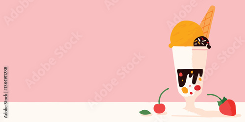 A vibrant and appetizing illustration of a sundae, with layers of ice cream, toppings, and a crispy wafer cone. Capturing a sense of summer delight and sweet indulgence.