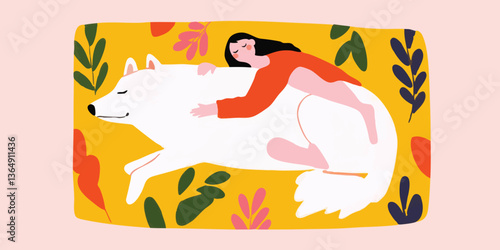 A whimsical illustration of a woman joyfully embracing a large, fluffy dog. A warm embrace. Illustrated style.