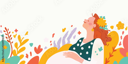 A radiant illustration of a pregnant woman embodies the beauty of motherhood and the joys of a new life. With vibrant florals and gentle colors.