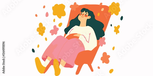 A young woman in a peaceful state, reclining in an armchair amidst an abstract floral setting. The artistic illustration captures a feeling of relaxation and daydreaming.
