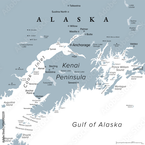 Anchorage and Kenai Peninsula, gray political map. Anchorage, most populous city of Alaska, and the Kenai Peninsula in the south, separated from mainland between Cook Inlet and Prince William Sound.
