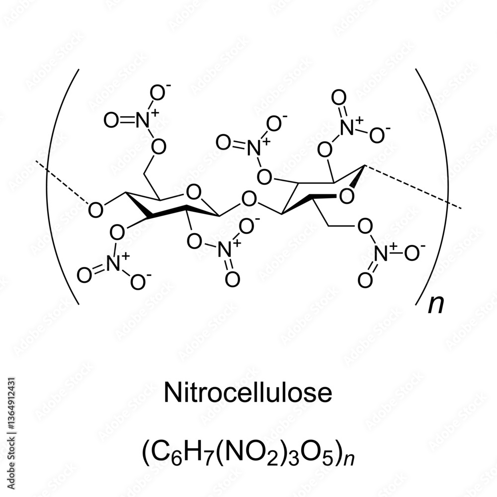 Nitrocellulose, chemical formula and structure. Highly flammable compound, used for production of lacquers and coatings, explosives, and celluloid. Also known as cellulose nitrate, guncotton, etc. Nitrocellulose, chemical formula and structure. Highly flammable compound, used for production of lacquers and coatings, explosives, and celluloid. Also known as cellulose nitrate, guncotton, etc.