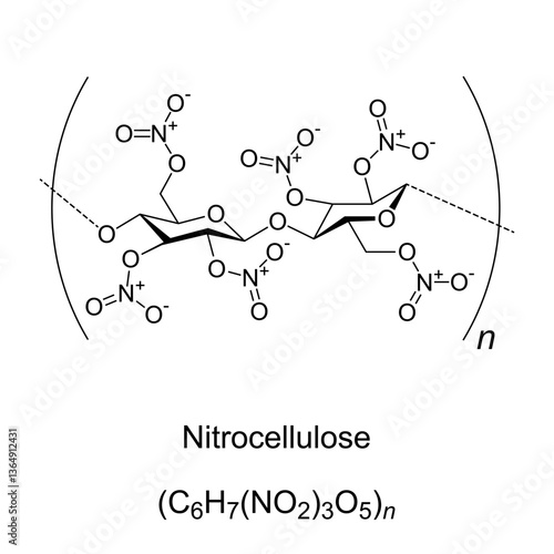 Nitrocellulose, chemical formula and structure. Highly flammable compound, used for production of lacquers and coatings, explosives, and celluloid. Also known as cellulose nitrate, guncotton, etc.