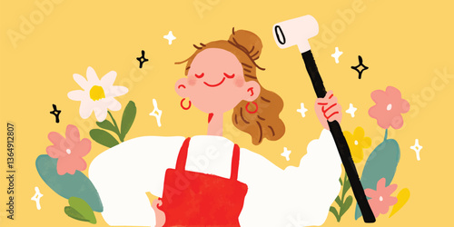 A whimsical illustration of a woman with a gavel, surrounded by flowers, exudes joy and determination. This artwork embodies empowerment, confidence, and the beauty of self-expression.