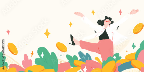 A dynamic and happy individual, leaps through a field of coins and vibrant floral elements, embodying a visual representation of financial success and prosperity.
