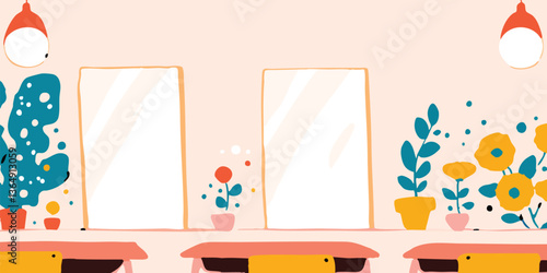 Elegant mirrors and cheerful floral art grace a stylish interior. A vibrant display of botanical motifs brings a sense of calm and freshness to the space. The modern design with a touch of whimsy.
