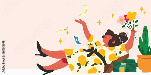 A contented individual relaxes, surrounded by flourishing wealth, savoring the rewards of hard work, celebrating financial success, against a soft backdrop, highlighting life's simple joys.