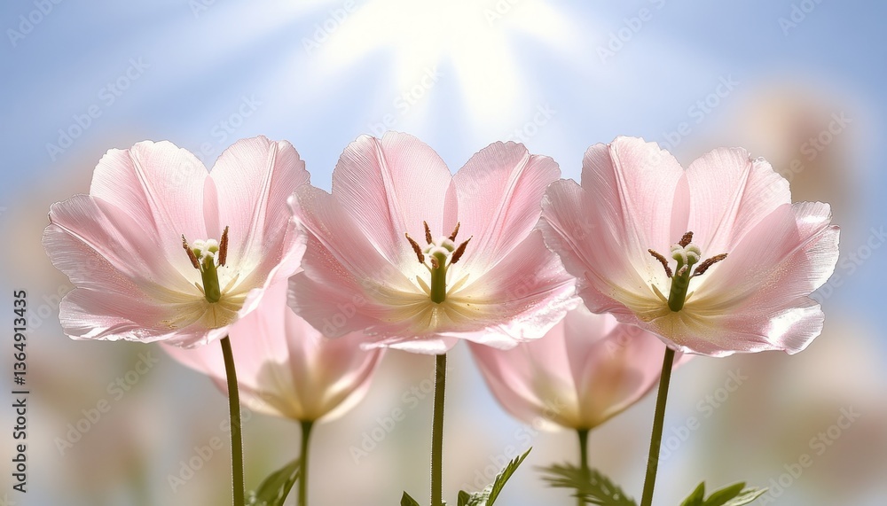 Three Pink Tulip Flowers in Bloom, Soft Sunlight, Shallow Depth of Field, Creamy Bokeh Background Three Pink Tulip Flowers in Bloom, Soft Sunlight, Shallow Depth of Field, Creamy Bokeh Background