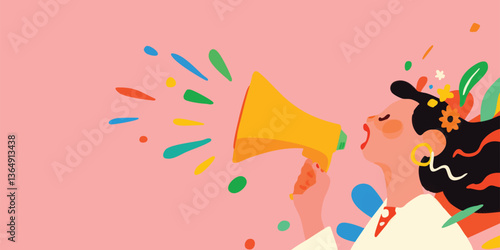 A vibrant illustration captures the empowering moment of a woman speaking through a megaphone, her voice echoing with passion and conviction.