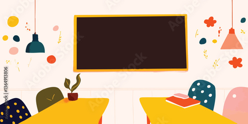 A bright and inviting classroom or meeting space, designed with a minimalistic aesthetic. The focus is drawn towards a central chalkboard, and colorful decor such as lamps and stickers.