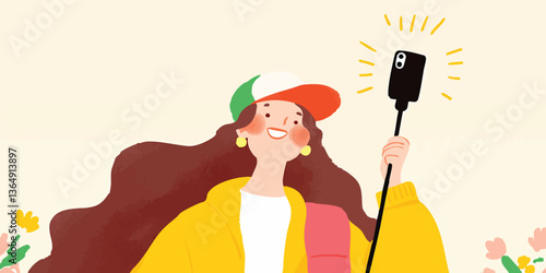 A vibrant illustration of a young woman, brimming with happiness, taking a selfie with her phone. The scene evokes a sense of joy, youth, and modern life.