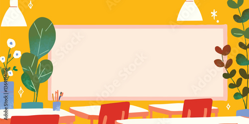 A cheerful classroom setting, illuminated by gentle lighting. The scene showcases the essential elements for education, featuring desks, greenery, and a large empty display area.