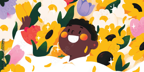 A cheerful illustration of a person, surrounded by vibrant blossoms, radiating joy and vitality. Perfect for designs needing a playful and lively theme.
