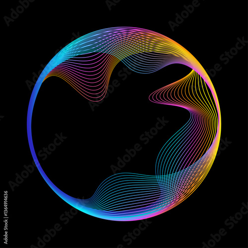 Neon iridescent blend line circle frame. Bright spinning circular border. Abstract rainbow color circle with colorful waves isolated on black background with copy space.