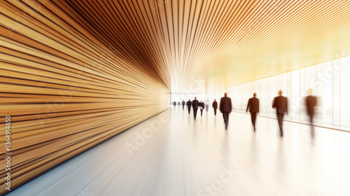 Wallpaper Mural Motion blur of people walking through modern corridor with wooden walls and bright atmosphere, conveying sense of speed and movement Torontodigital.ca