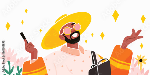 A vibrant illustration of a stylishly dressed man with radiant smile, exuding an aura of joy and confidence, set against a floral and star-speckled background.