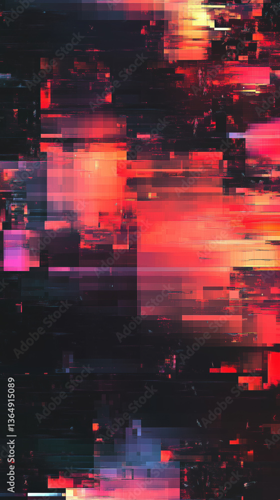 Fototapeta premium Dark glitch texture with red pixel blocks and black background, mimicking screen errors and compression faults.