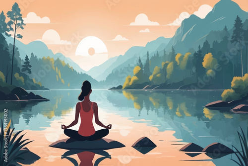 Woman meditating by a lake, calm atmosphere, mental health aware