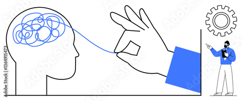 Hand unraveling tangled lines in a head with man pointing at gear. Ideal for psychology, coaching, problem-solving, strategy, mental health, innovation, education. Flat simple metaphor