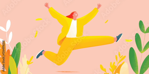 An animated individual in yellow clothes jumps into the air against a backdrop of stylized nature, exuding joy and exuberance.