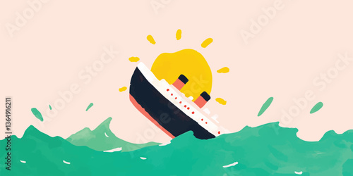 A stylized illustration captures a ship, caught in the turbulent embrace of a stormy sea, with a rising sun adding a touch of drama and artistry.