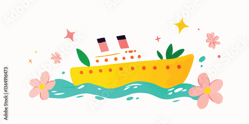 A vibrant illustration of a whimsical boat, sailing gently amidst a sea of artistic flora and stars, conjuring a feeling of peace.