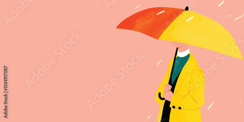 A person walking in the rain, holding an umbrella, in a serene and artistic representation. The illustration focuses on the simple beauty of an everyday moment and the use of light.